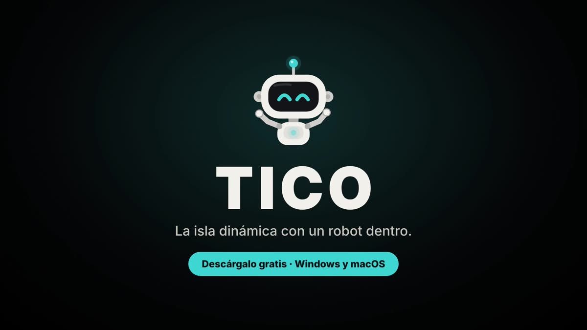 Pantalla de presentación de TICO: un pequeño robot blanco con ojos turquesa
